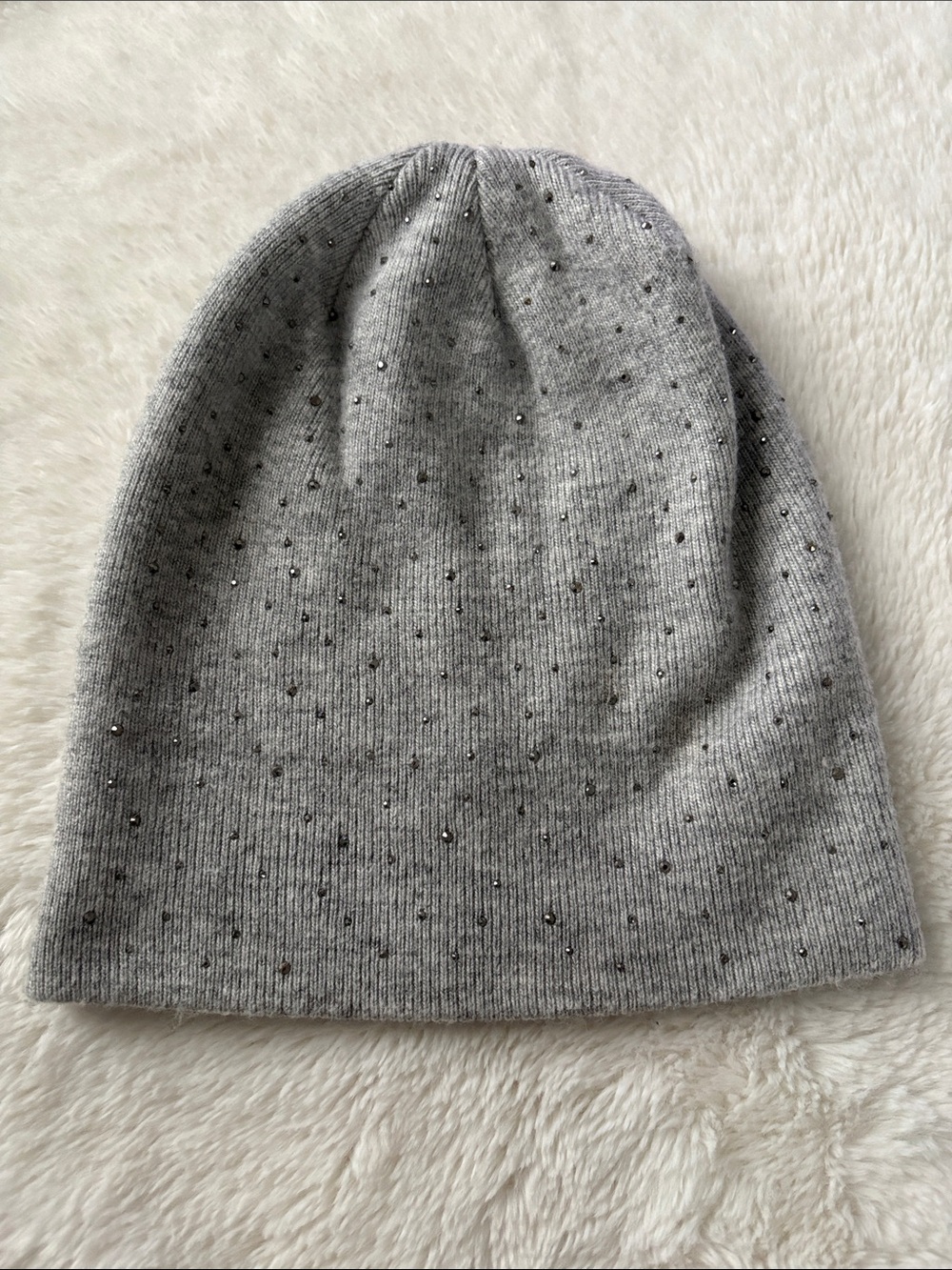 ADRIENNE LANDAU Rhinestone Stud Embellished Ribbed Knit Wool Blend Beanie Hat